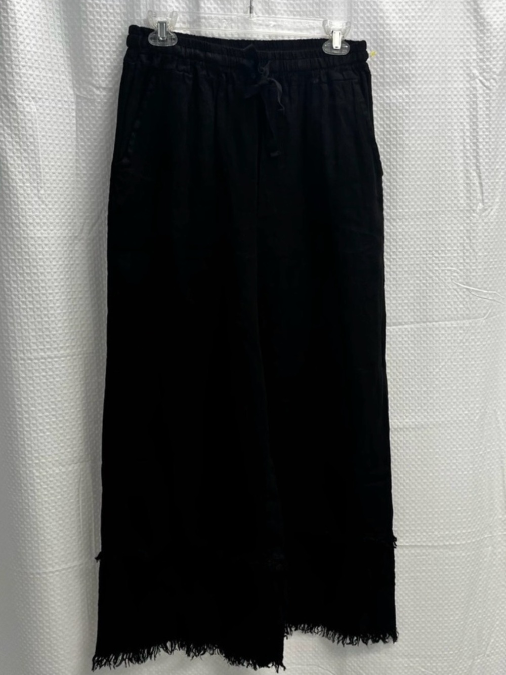 TINA STEPHENS Pants Linen Black Wide Leg Embroidered Fringe Hem Size Medium